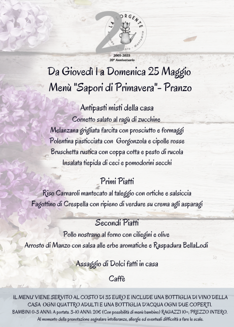 Menù "Sapori di Primavera"- Menù della Domenica e festivi - Agriturismo "La Sorgente" (CR)