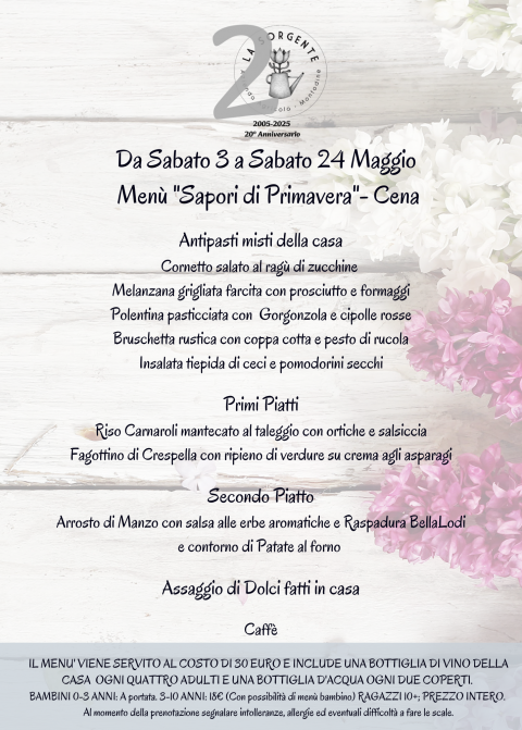 Menù "Sapori di Primavera"- Menù del Sabato - Agriturismo "La Sorgente" (CR)