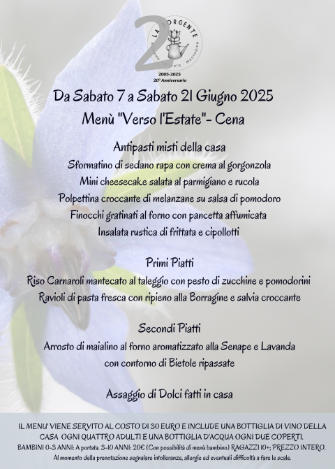 Menù "Verso l'Estate"- Menù della cena - Agriturismo "La Sorgente" (CR)