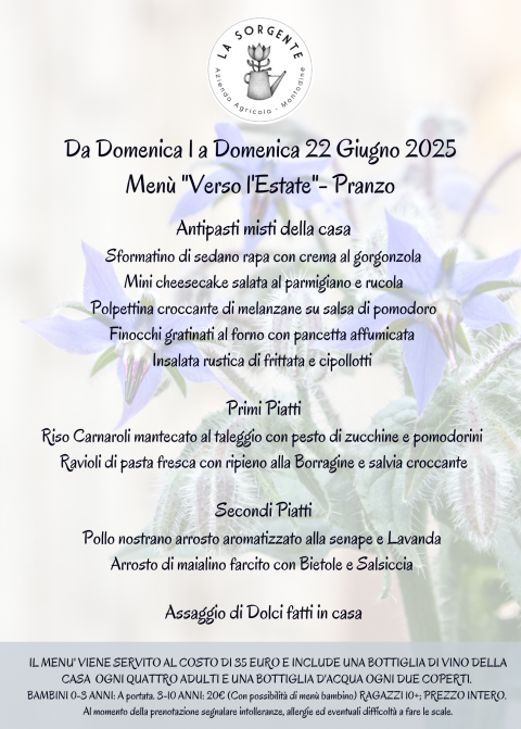 Menù "Verso l'Estate"- Menù della Domenica e del 2 Giugno - Agriturismo "La Sorgente" (CR)