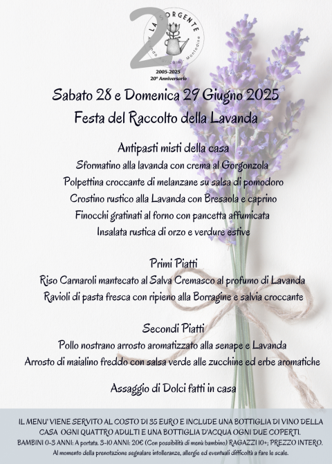 Sabato 28 e Domenica 29 Giugno: Menù speciale "festa del raccolto della Lavanda" - Agriturismo "La Sorgente" (CR)