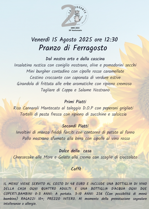 Venerdì 15 Agosto: Pranzo di Ferragosto 2025 - Agriturismo "La Sorgente" (CR)
