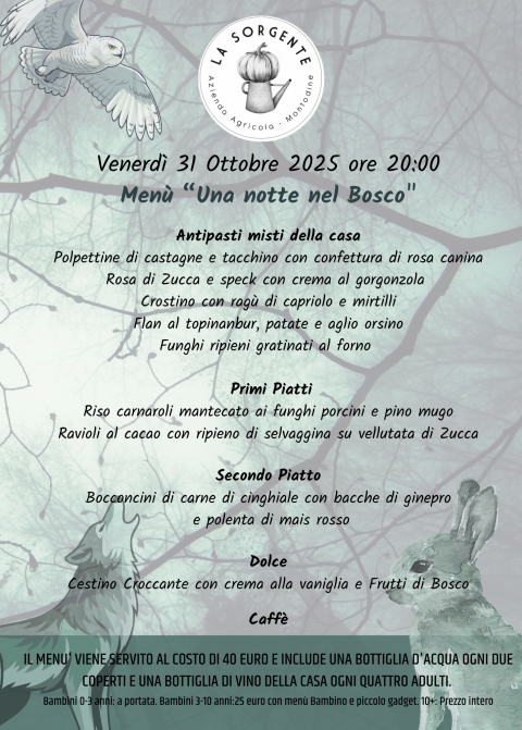 Venerdì 31 Ottobre ore 20:00. Cena a tema "Una notte nel Bosco" - Agriturismo "La Sorgente" (CR)