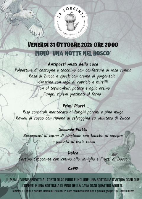 Venerdì 31 Ottobre ore 20:00. Cena a tema "Una notte nel Bosco" - Agriturismo "La Sorgente" (CR)