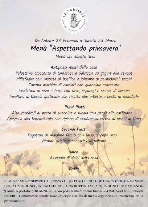 Marzo 2026.. Verso la primavera. Menù del Sabato - Agriturismo "La Sorgente" (CR)