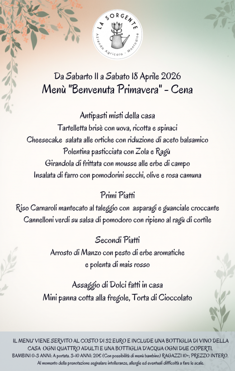 Aprile 2026.. Benvenuta primavera. Menù del Sabato - Agriturismo "La Sorgente" (CR)