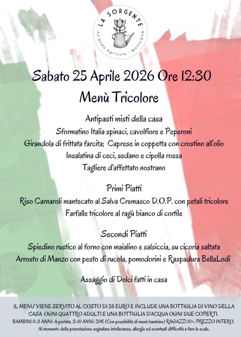 Sabato 25 Aprile. Ore 12:30: menù Tricolore - Agriturismo "La Sorgente" (CR)