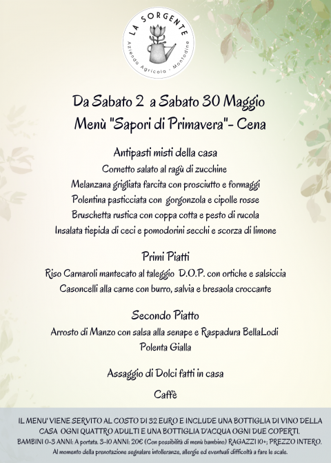 Maggio 2026: Il Menù del Sabato - Agriturismo "La Sorgente" (CR)