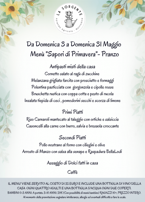 Maggio 2026:Il Menù della Domenica - Agriturismo "La Sorgente" (CR)